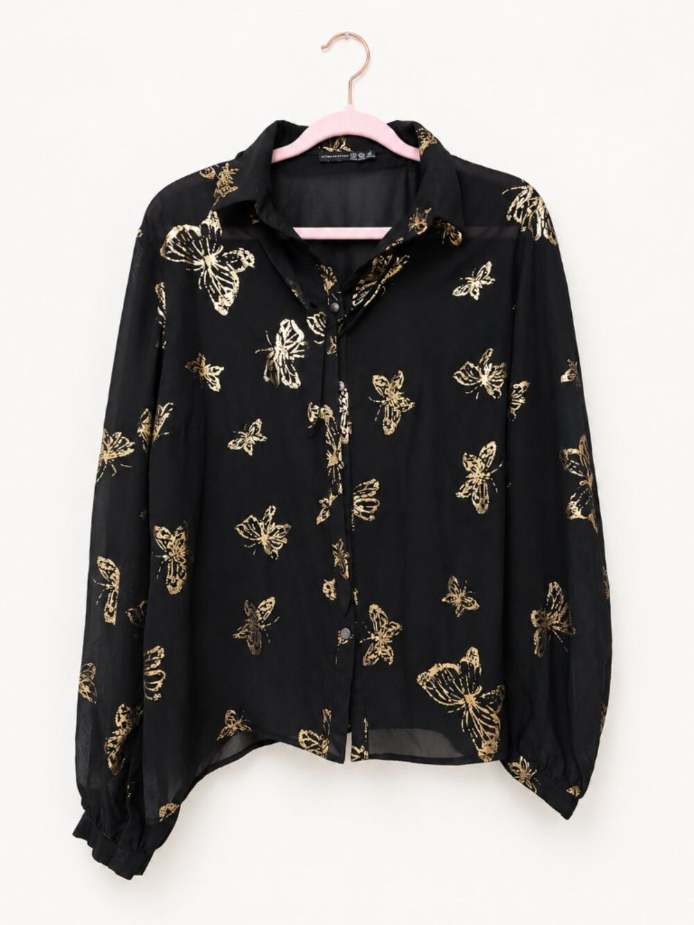 Atmosphere Sheer Blouse Black with Golden Butterfly Accents Size 12
